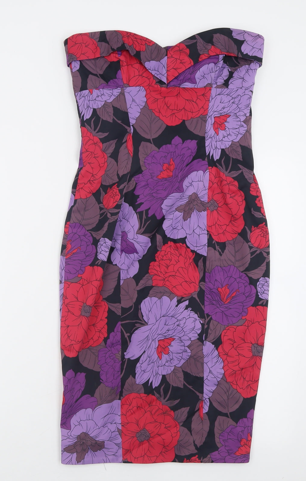 Karen Millen Womens Purple Floral Acetate Bodycon  Size 12  Sweetheart Zip