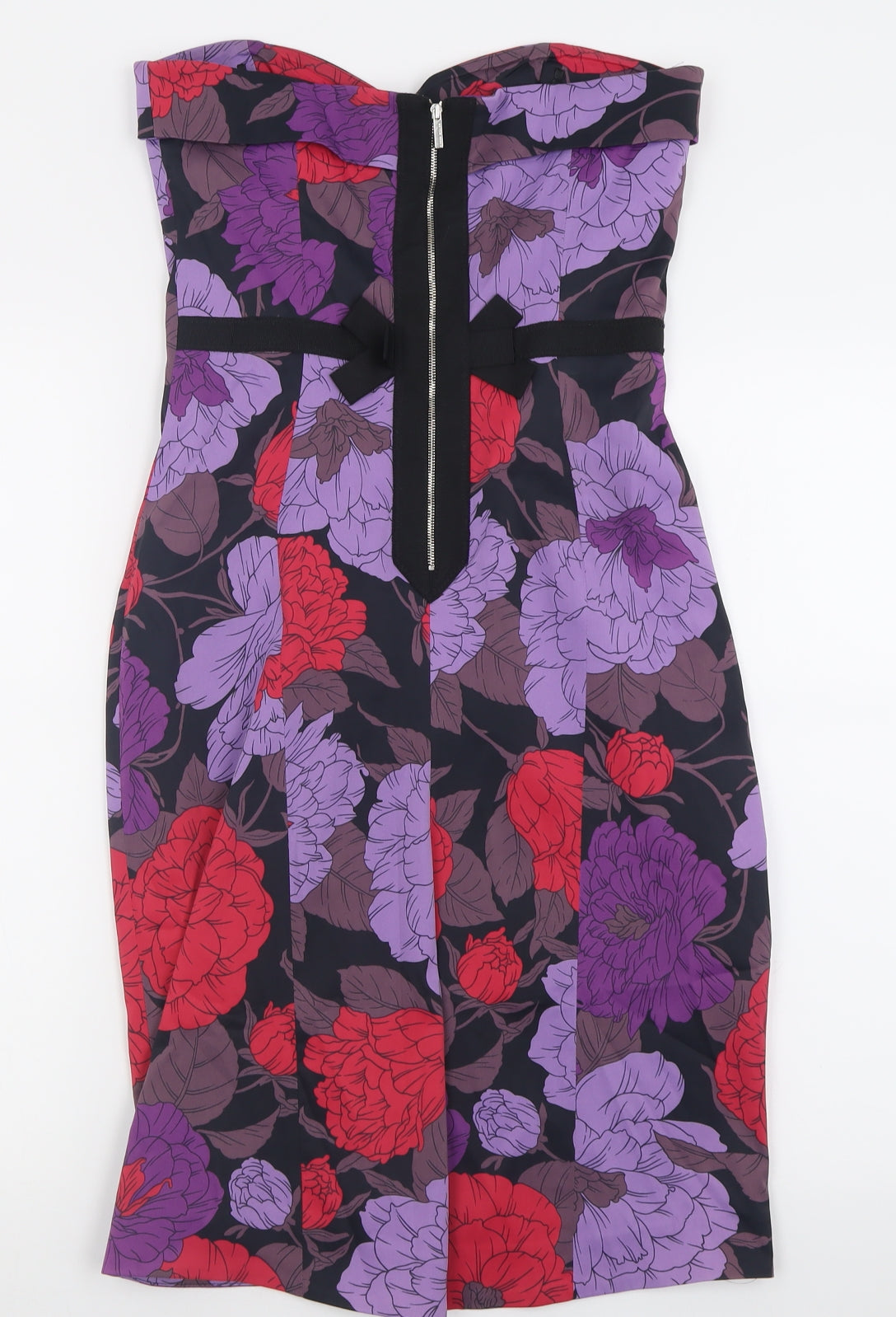 Karen Millen Womens Purple Floral Acetate Bodycon  Size 12  Sweetheart Zip