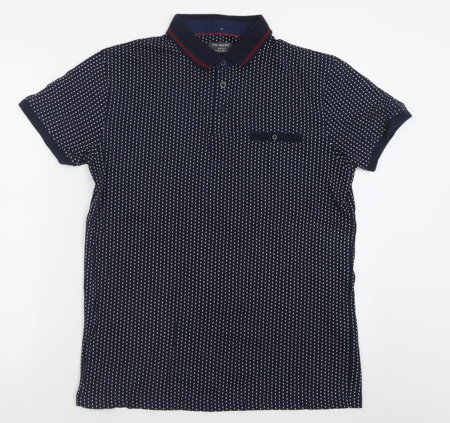 Primark Mens Blue Geometric Cotton  Polo Size S Collared Button