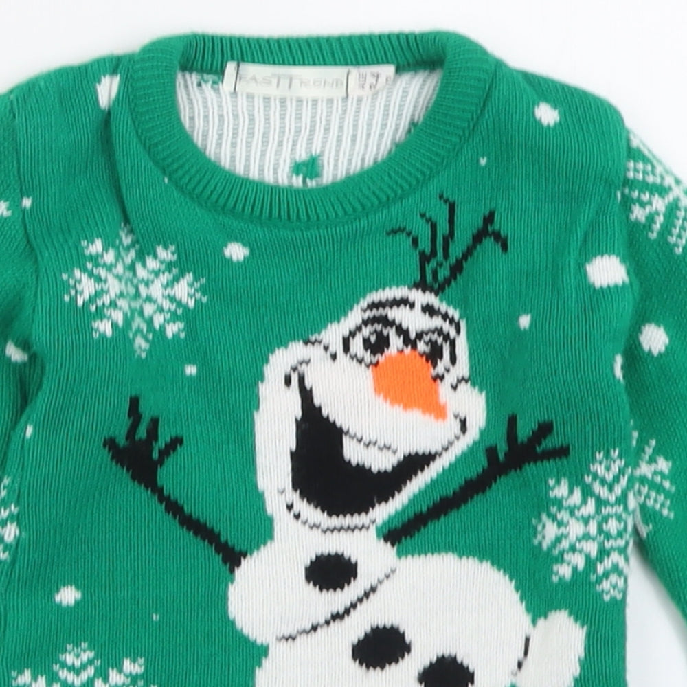 fast trend Girls Green Crew Neck Geometric Acrylic Pullover Jumper Size 3-4 Years  Pullover - Olaf