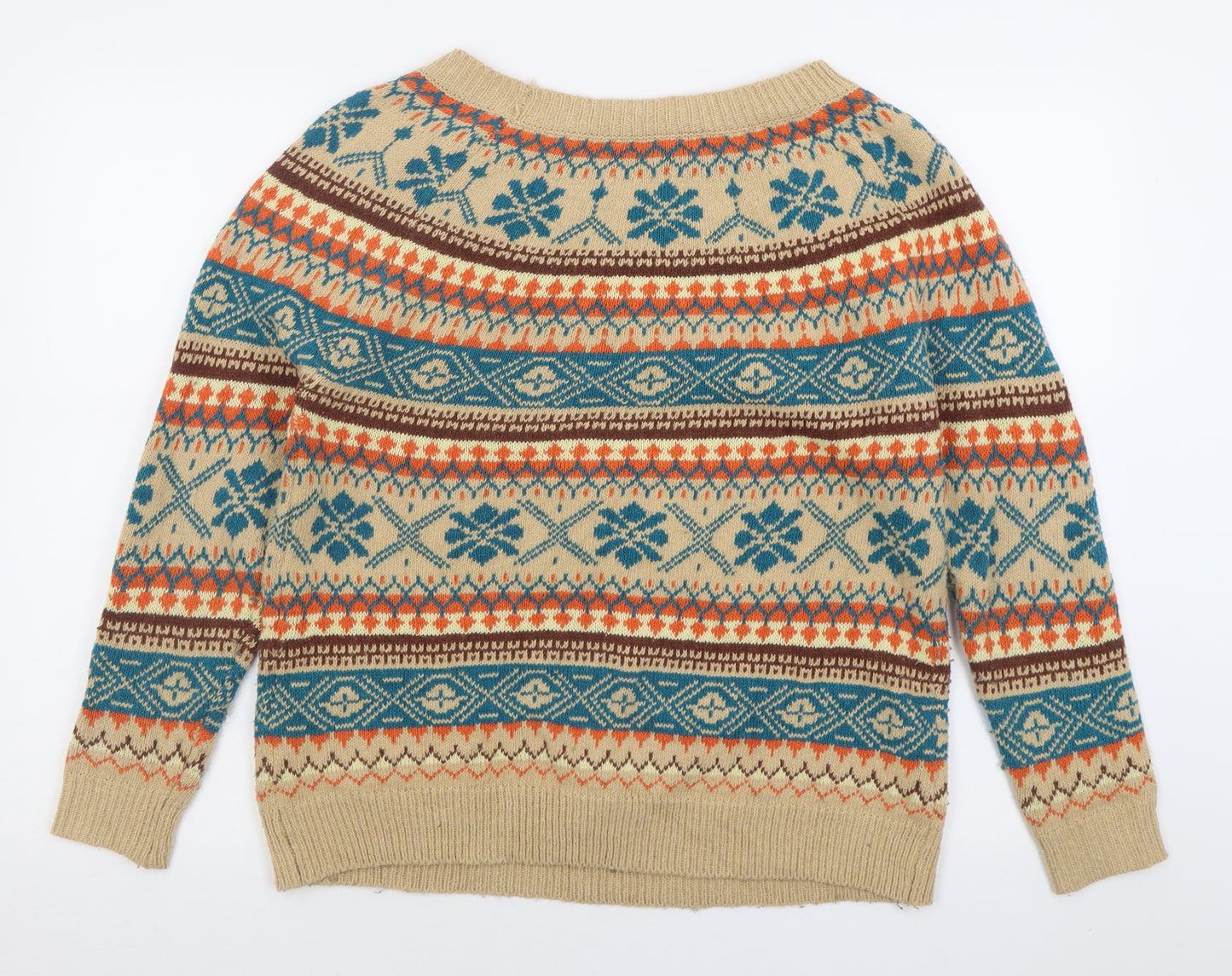 MissLook Womens Brown Boat Neck Geometric Acrylic Pullover Jumper Size S