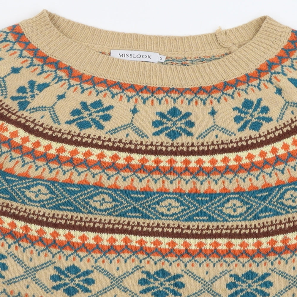 MissLook Womens Brown Boat Neck Geometric Acrylic Pullover Jumper Size S
