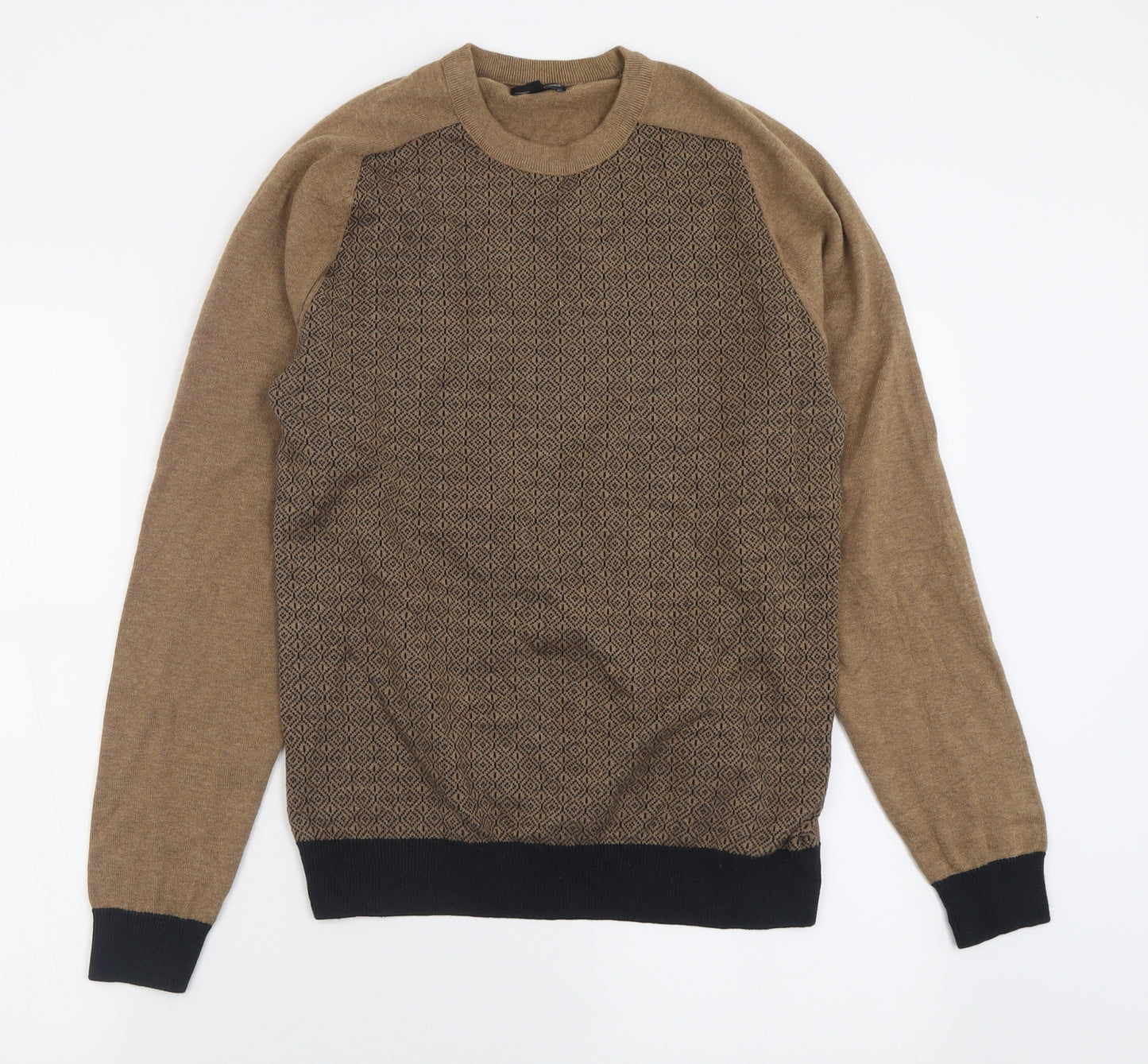 NEXT Mens Brown Crew Neck Geometric Cotton Pullover Jumper Size M
