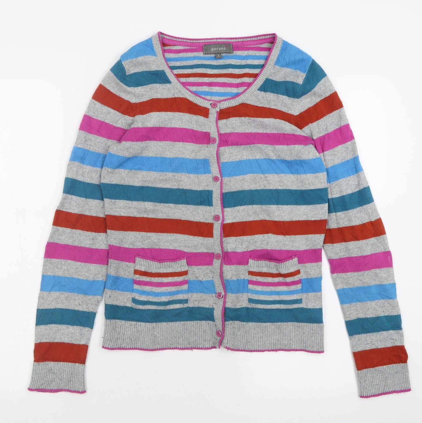 Per Una Womens Multicoloured Crew Neck Striped Cotton Cardigan Jumper Size 8