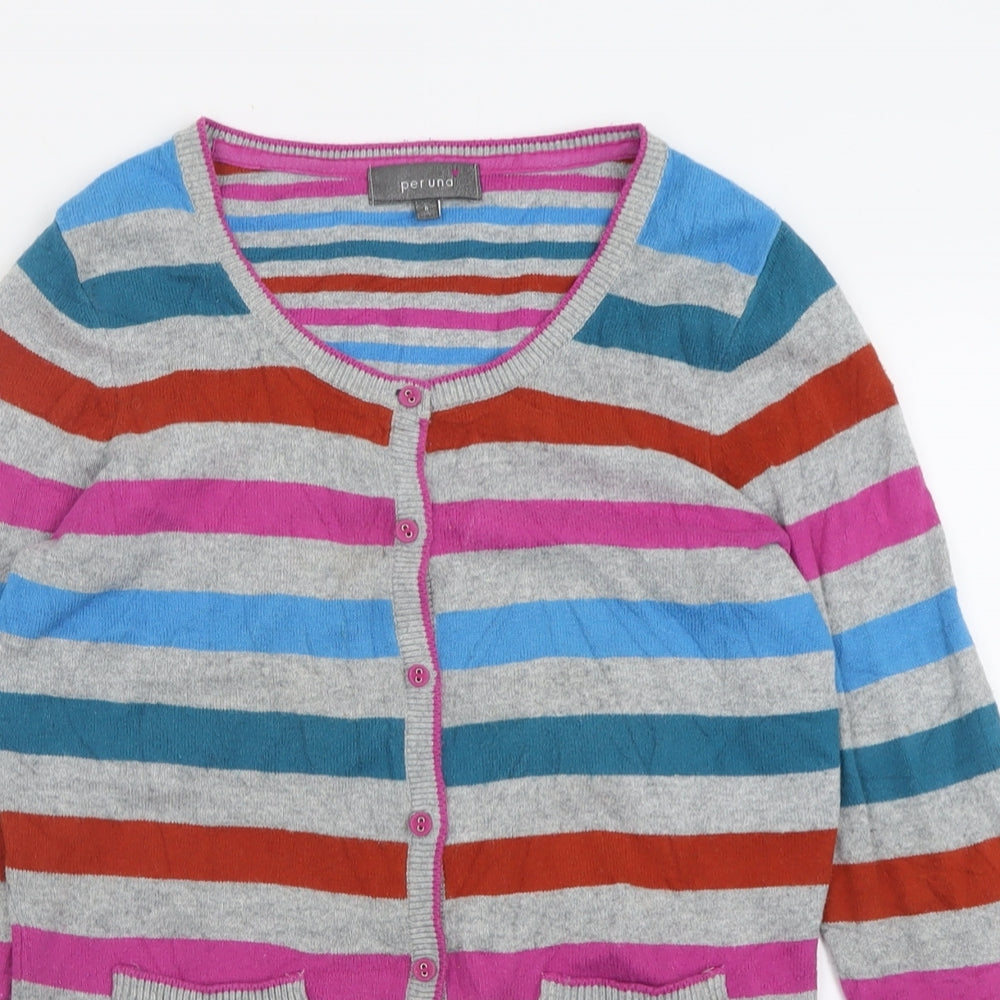 Per Una Womens Multicoloured Crew Neck Striped Cotton Cardigan Jumper Size 8
