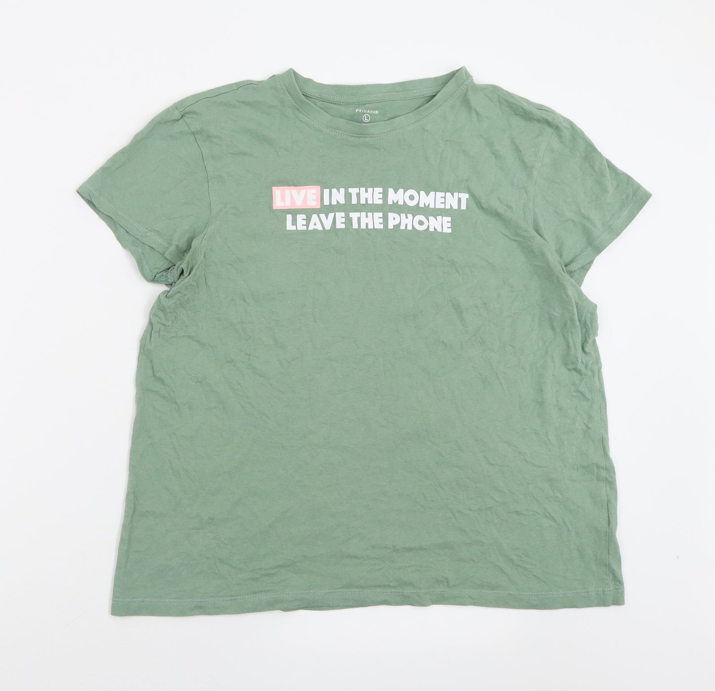 Primark Womens Green  Cotton Basic T-Shirt Size L Crew Neck - Live in the moment