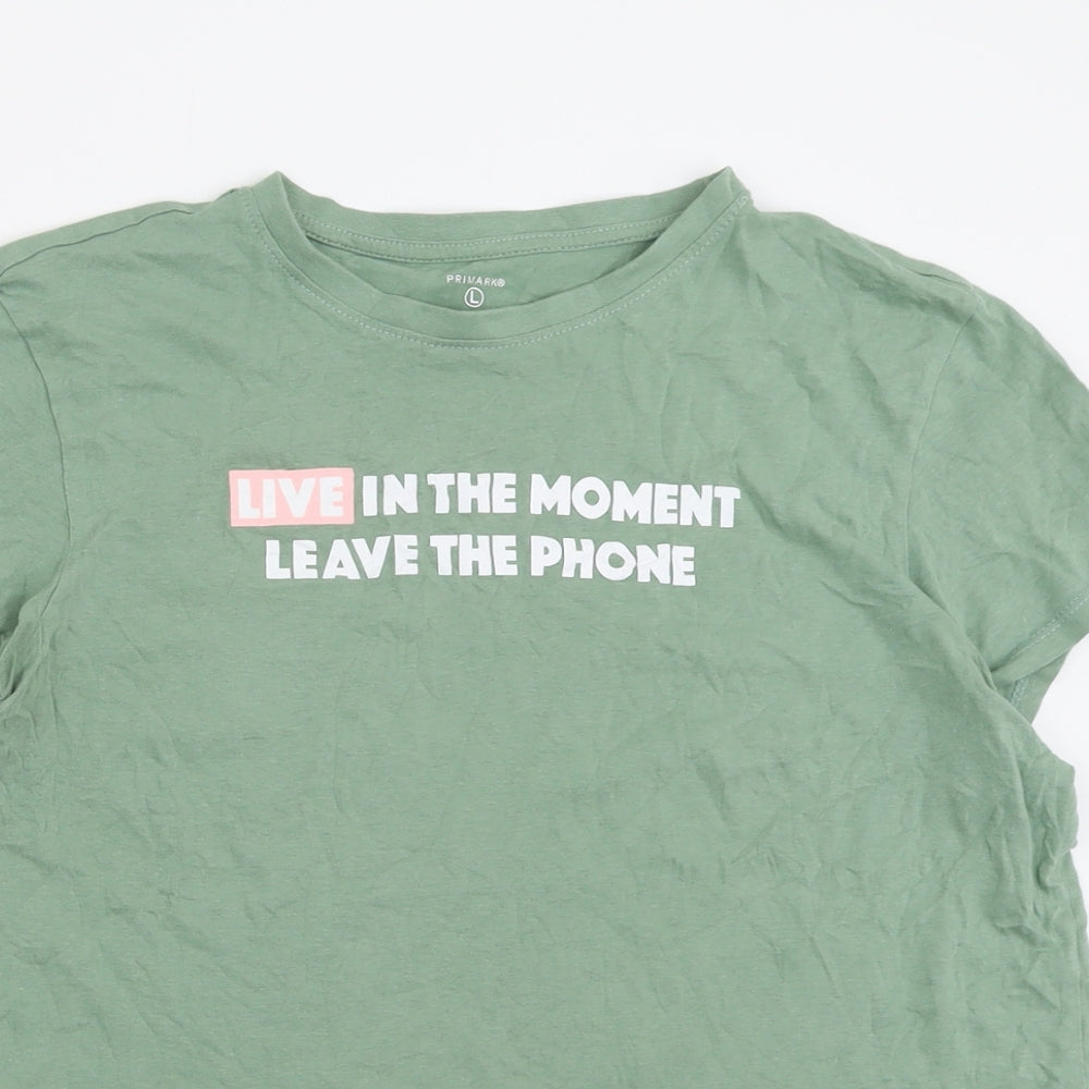 Primark Womens Green  Cotton Basic T-Shirt Size L Crew Neck - Live in the moment