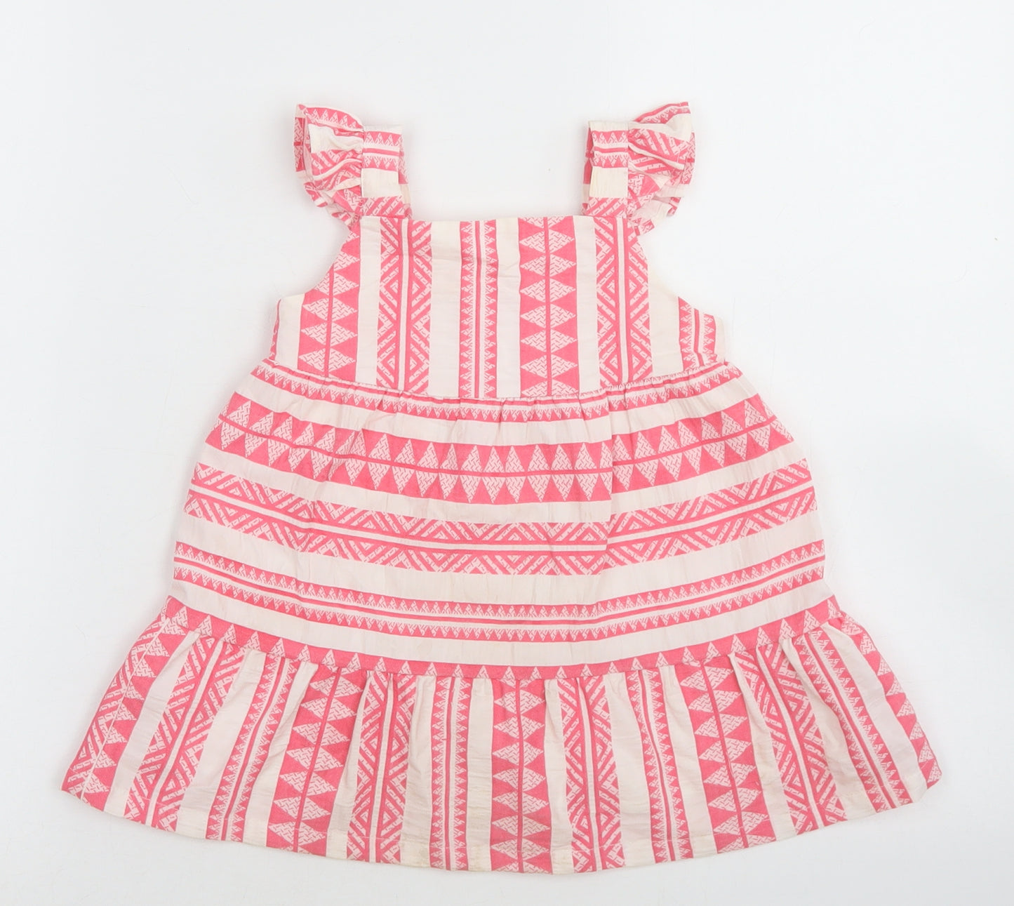 F&F Girls Pink Geometric Cotton Skater Dress  Size 12-18 Months  Square Neck Button