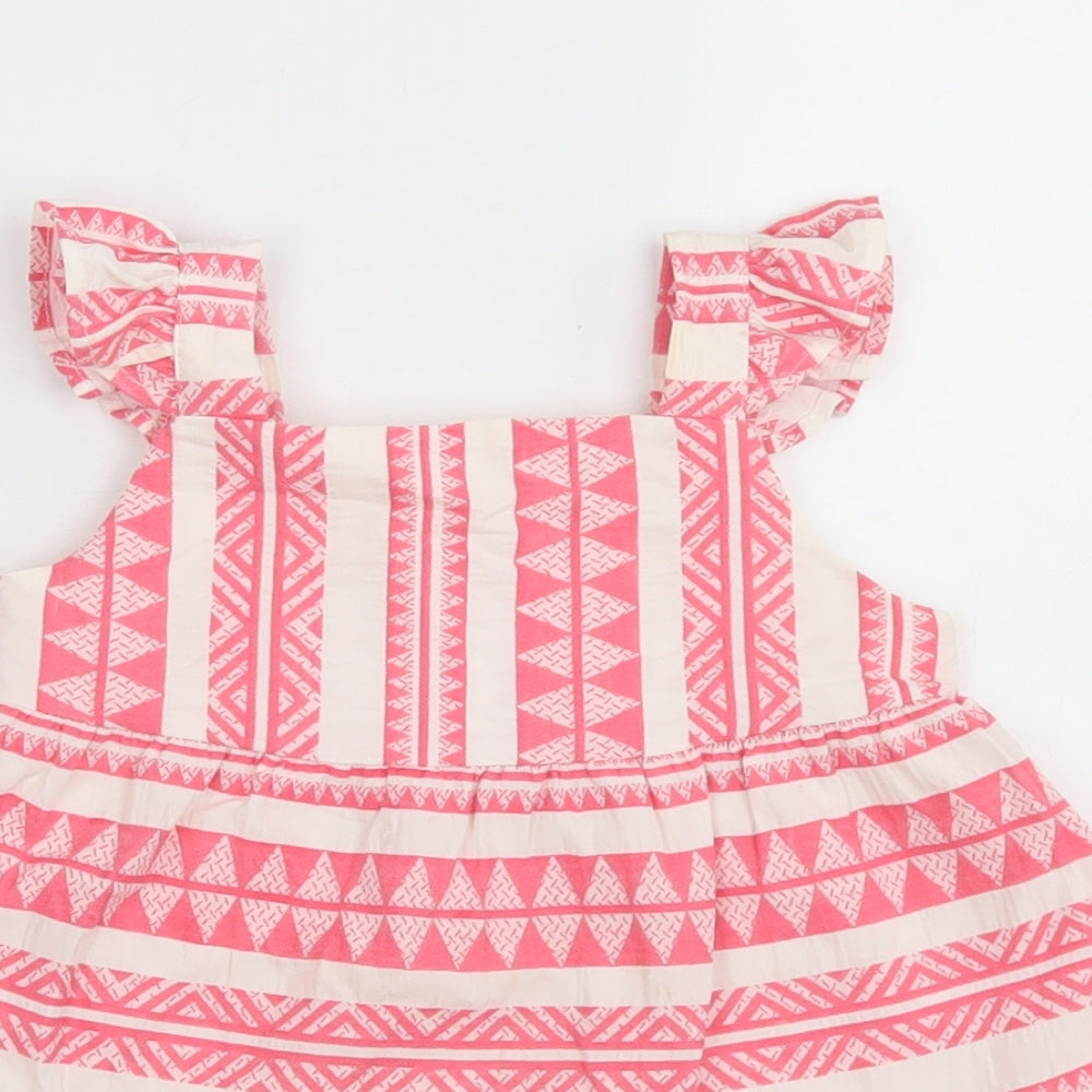 F&F Girls Pink Geometric Cotton Skater Dress  Size 12-18 Months  Square Neck Button