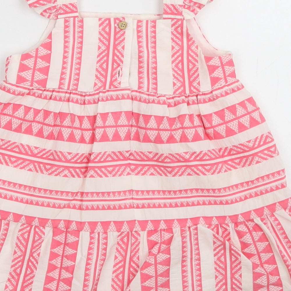 F&F Girls Pink Geometric Cotton Skater Dress  Size 12-18 Months  Square Neck Button