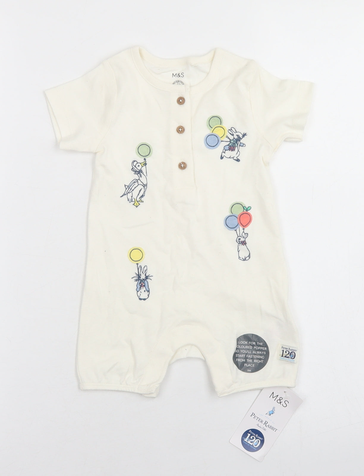 Marks and Spencer Baby Ivory  Cotton Romper One-Piece Size 3-6 Months  Snap - Peter Rabbit