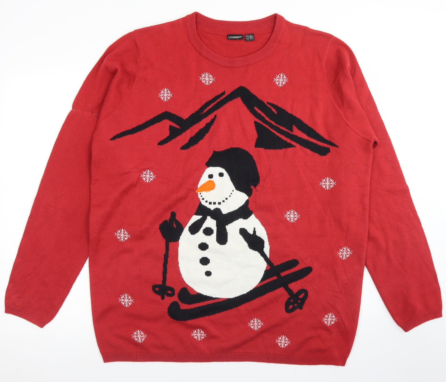Livergy Mens Red Crew Neck  Acrylic Pullover Jumper Size XL   - Snowman Christmas