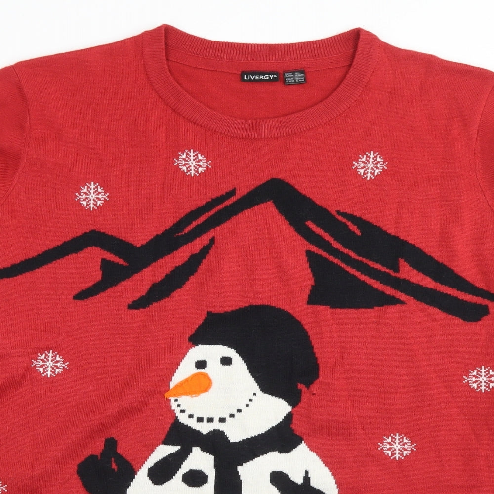 Livergy Mens Red Crew Neck  Acrylic Pullover Jumper Size XL   - Snowman Christmas