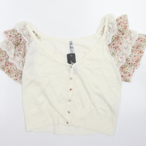 Influence Womens White Scoop Neck  Acrylic Cardigan Jumper Size 12   - Floral Detail