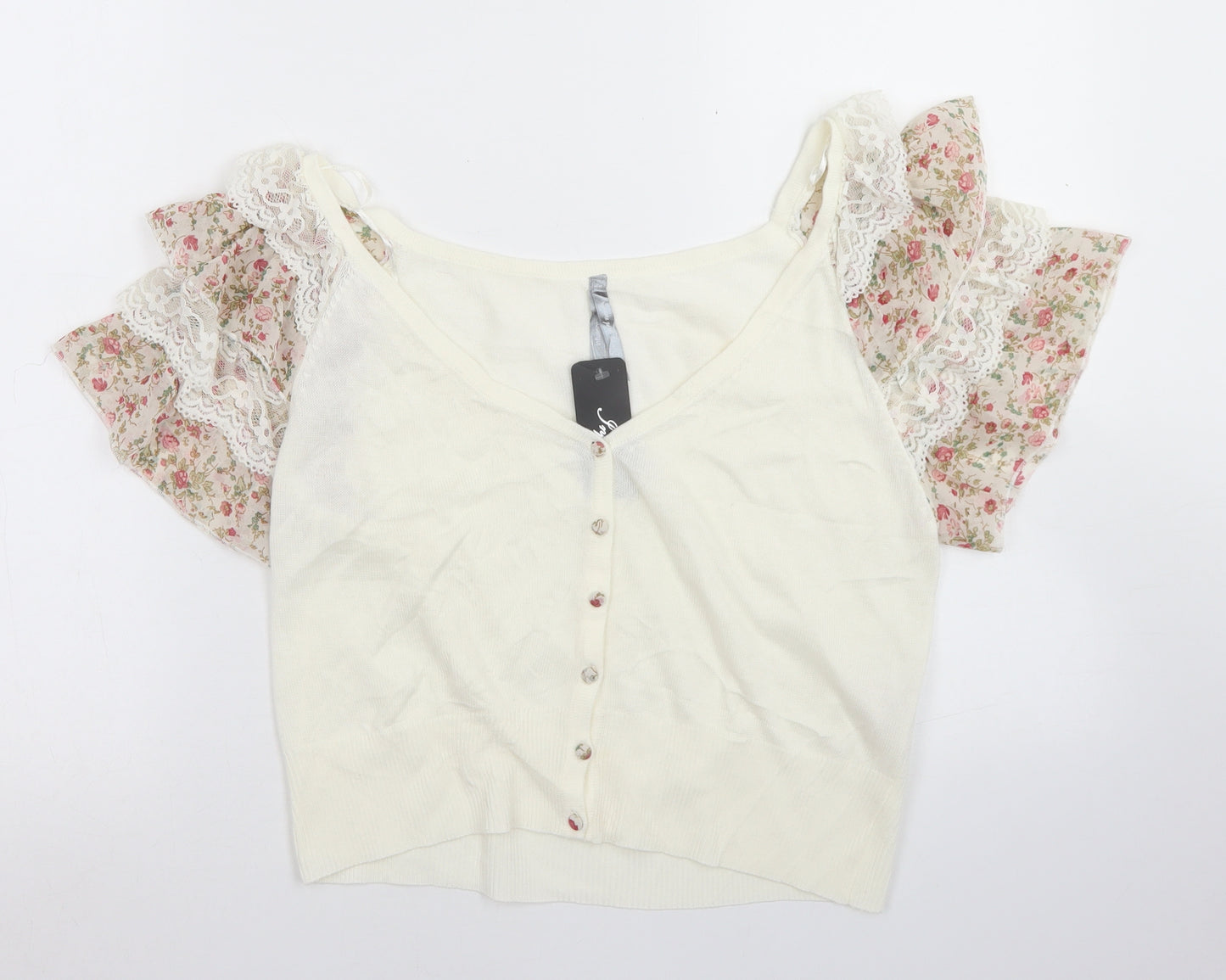 Influence Womens White Scoop Neck  Acrylic Cardigan Jumper Size 12   - Floral Detail