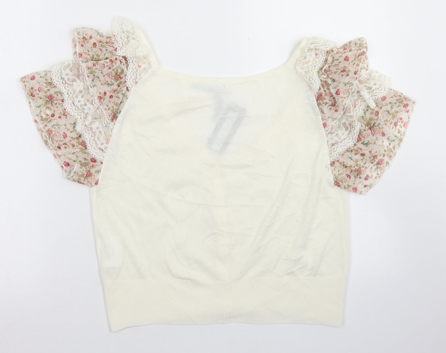 Influence Womens White Scoop Neck  Acrylic Cardigan Jumper Size 12   - Floral Detail