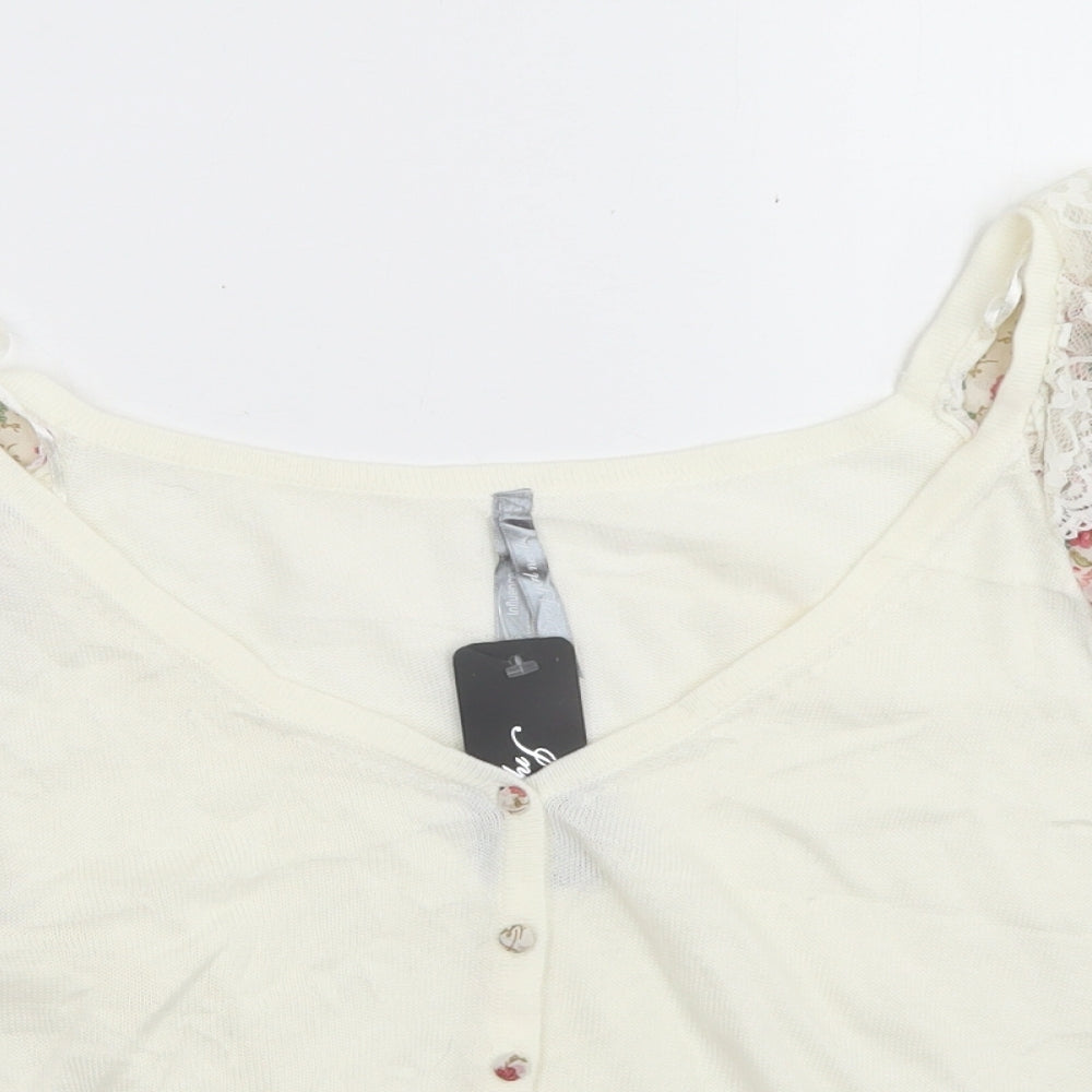 Influence Womens White Scoop Neck  Acrylic Cardigan Jumper Size 12   - Floral Detail