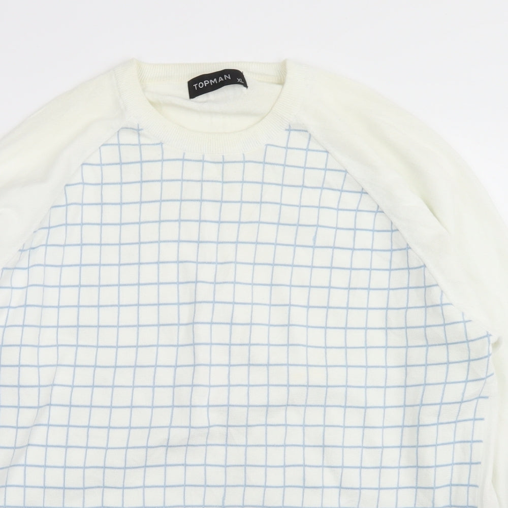 Topman Mens White Crew Neck Check Cotton Pullover Jumper Size XL