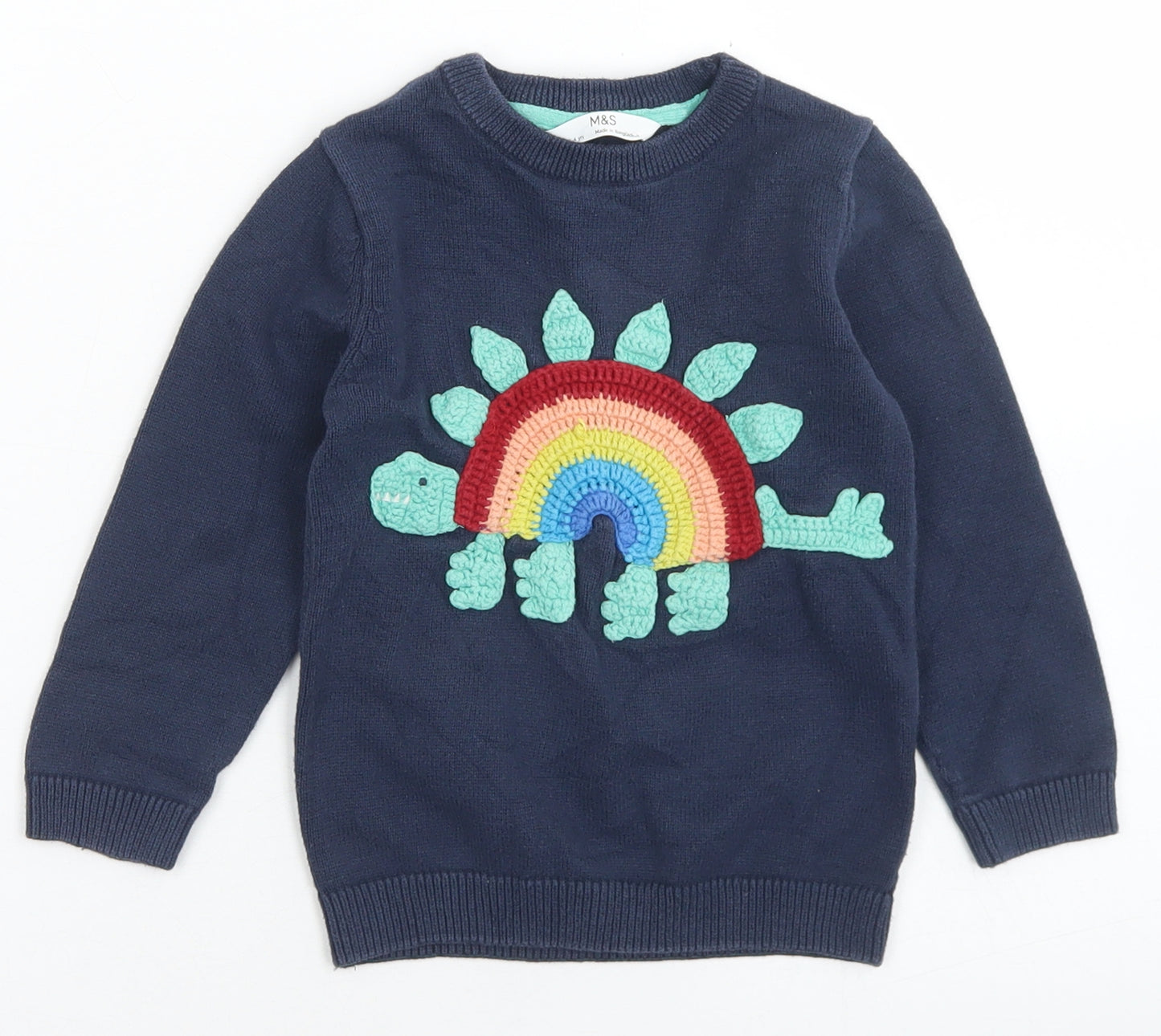 Marks and Spencer Girls Blue Crew Neck  Cotton Pullover Jumper Size 3-4 Years   - Rainbow Dinosaur