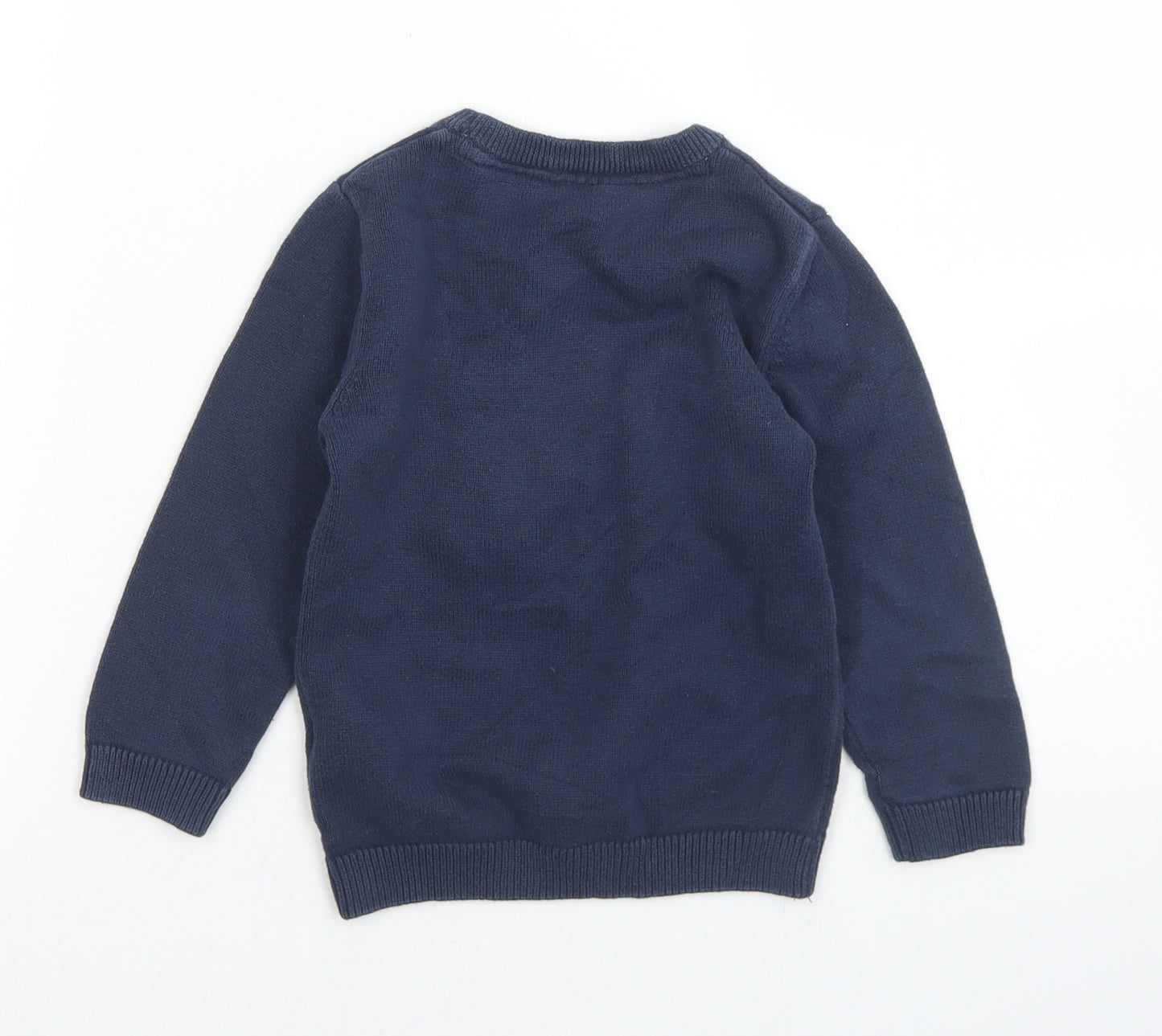 Marks and Spencer Girls Blue Crew Neck  Cotton Pullover Jumper Size 3-4 Years   - Rainbow Dinosaur