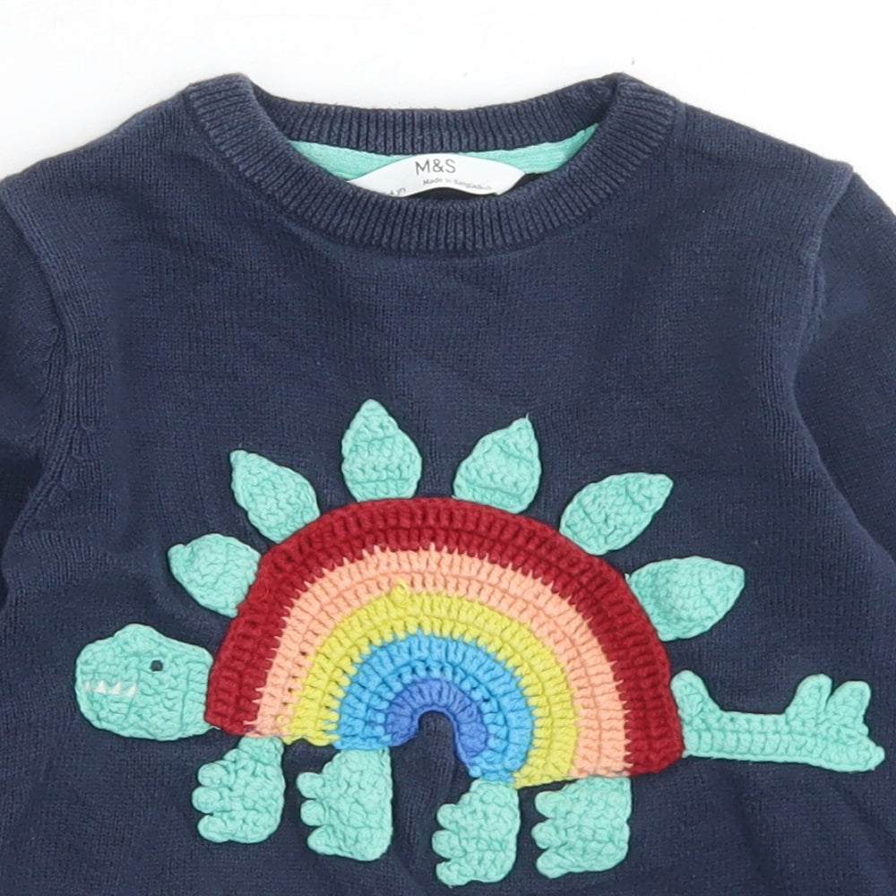 Marks and Spencer Girls Blue Crew Neck  Cotton Pullover Jumper Size 3-4 Years   - Rainbow Dinosaur