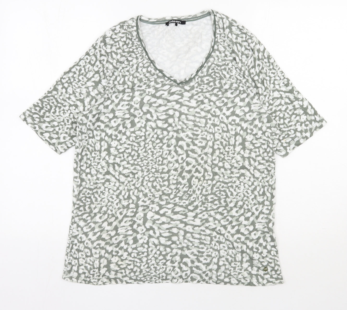 Olsen Womens Green Animal Print Cotton Basic T-Shirt Size 18 V-Neck
