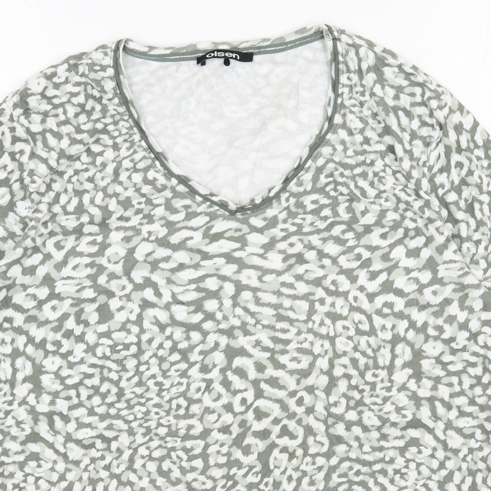 Olsen Womens Green Animal Print Cotton Basic T-Shirt Size 18 V-Neck