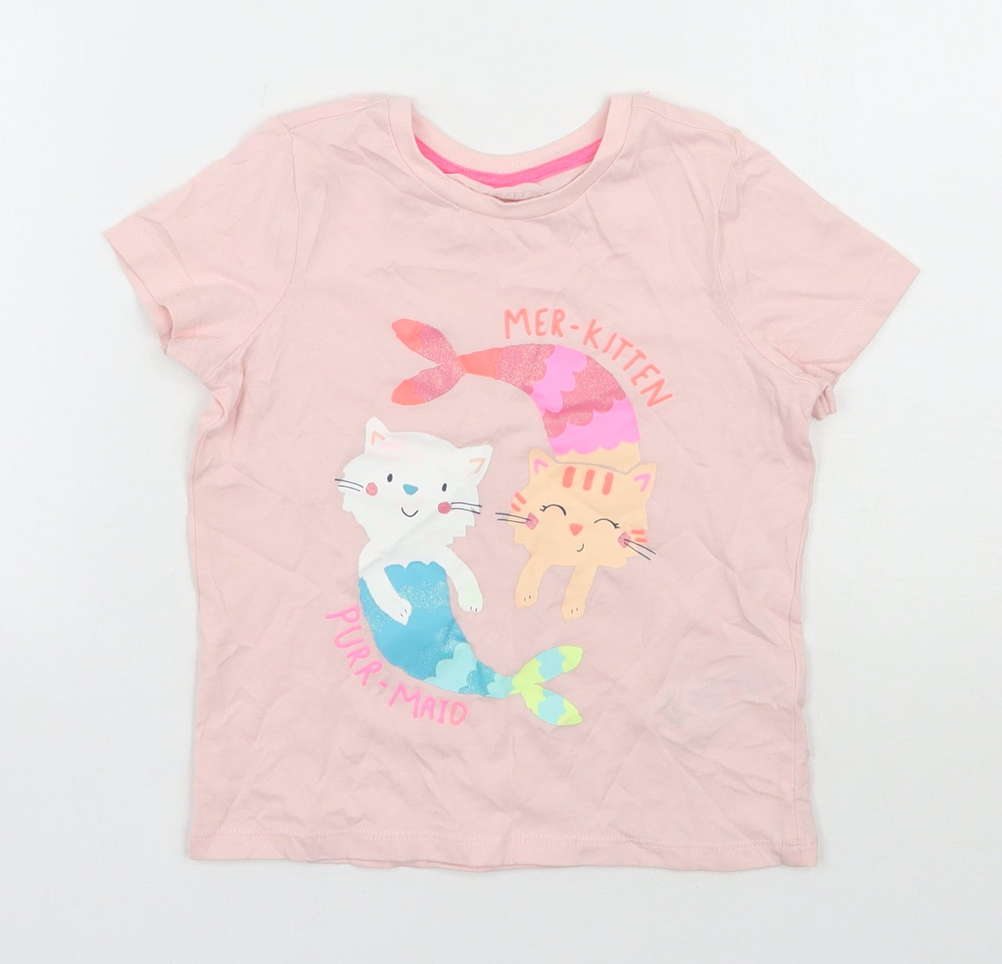 Marks and Spencer Girls Pink  Cotton Basic T-Shirt Size 4-5 Years Round Neck Pullover