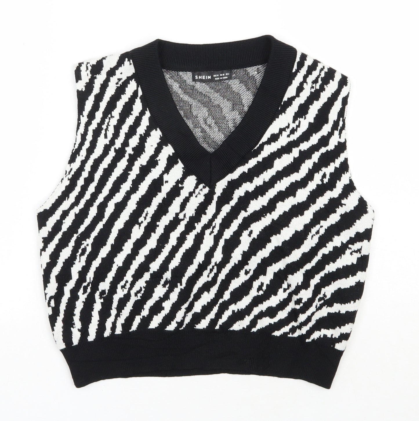 SheIn Womens Black V-Neck Animal Print Polyester Vest Jumper Size M