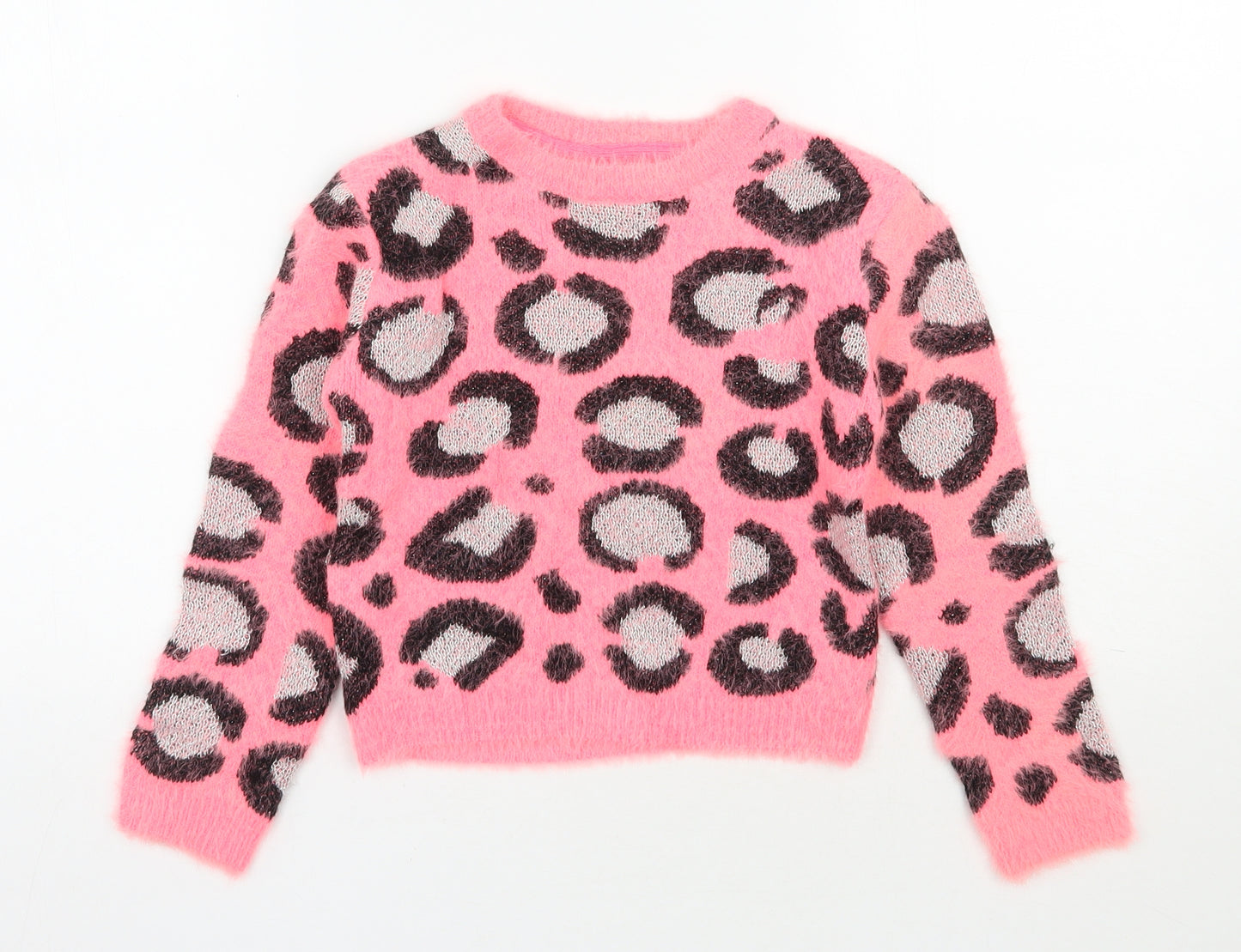 Miss E-vie Girls Pink Round Neck Animal Print Polyamide Pullover Jumper Size 6-7 Years  Pullover