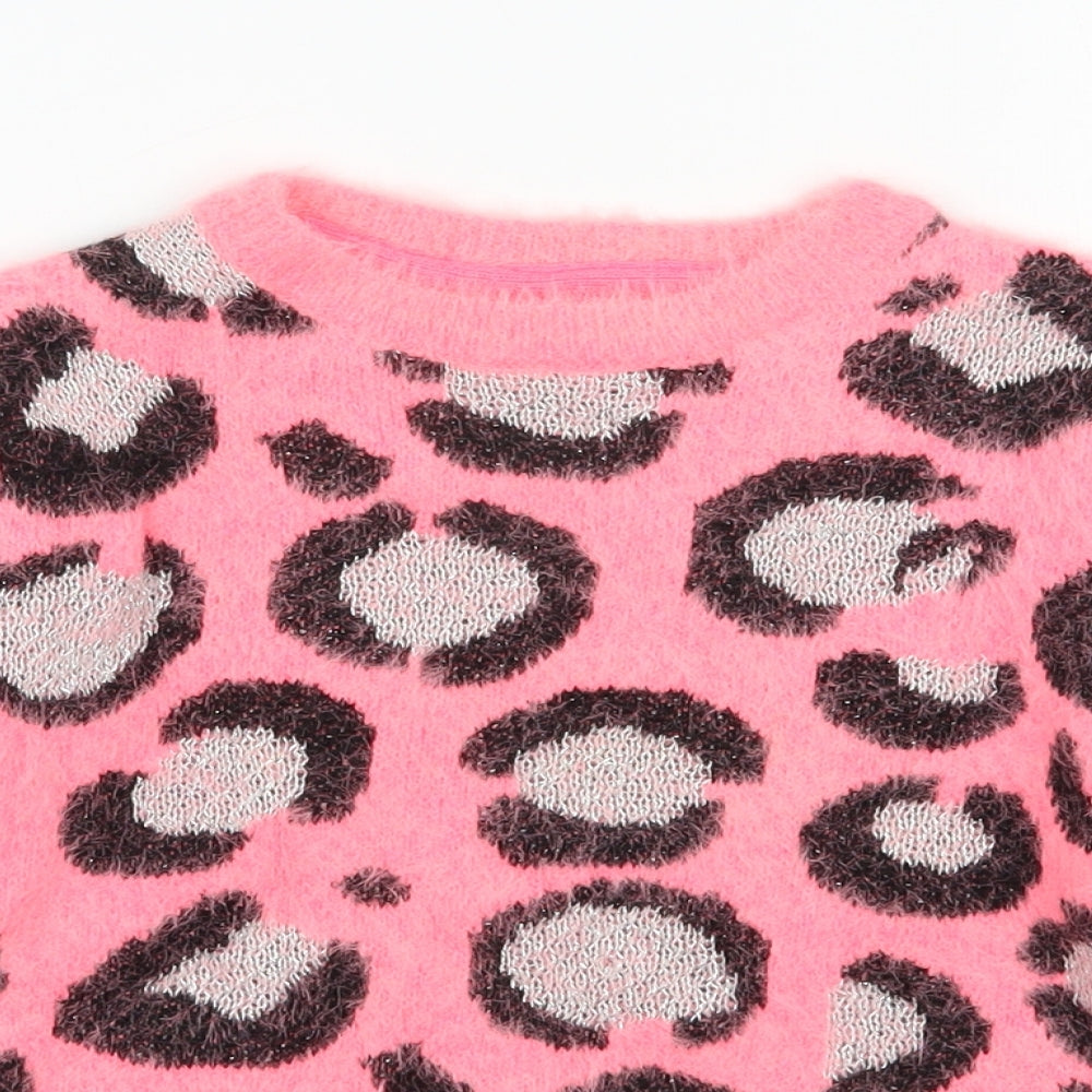 Miss E-vie Girls Pink Round Neck Animal Print Polyamide Pullover Jumper Size 6-7 Years  Pullover
