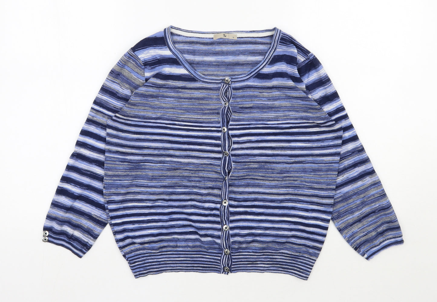 TU Womens Blue Scoop Neck Striped Viscose Cardigan Jumper Size 12