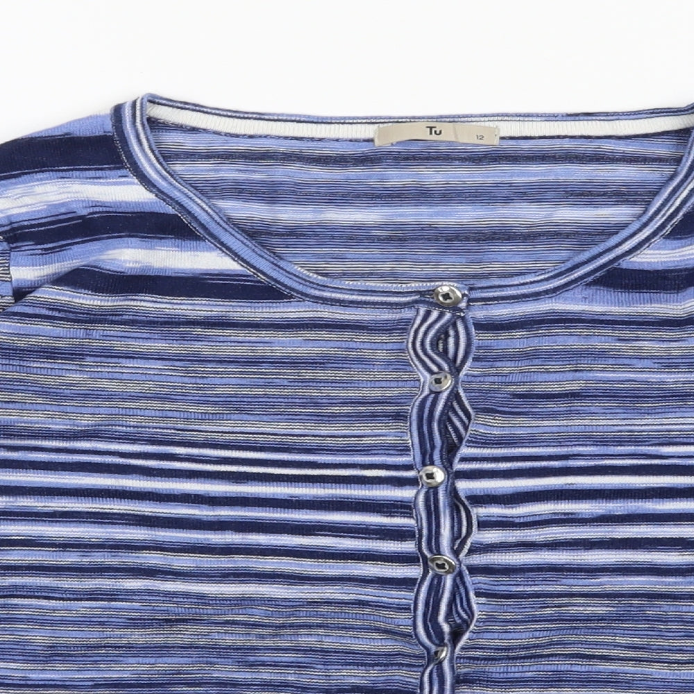 TU Womens Blue Scoop Neck Striped Viscose Cardigan Jumper Size 12