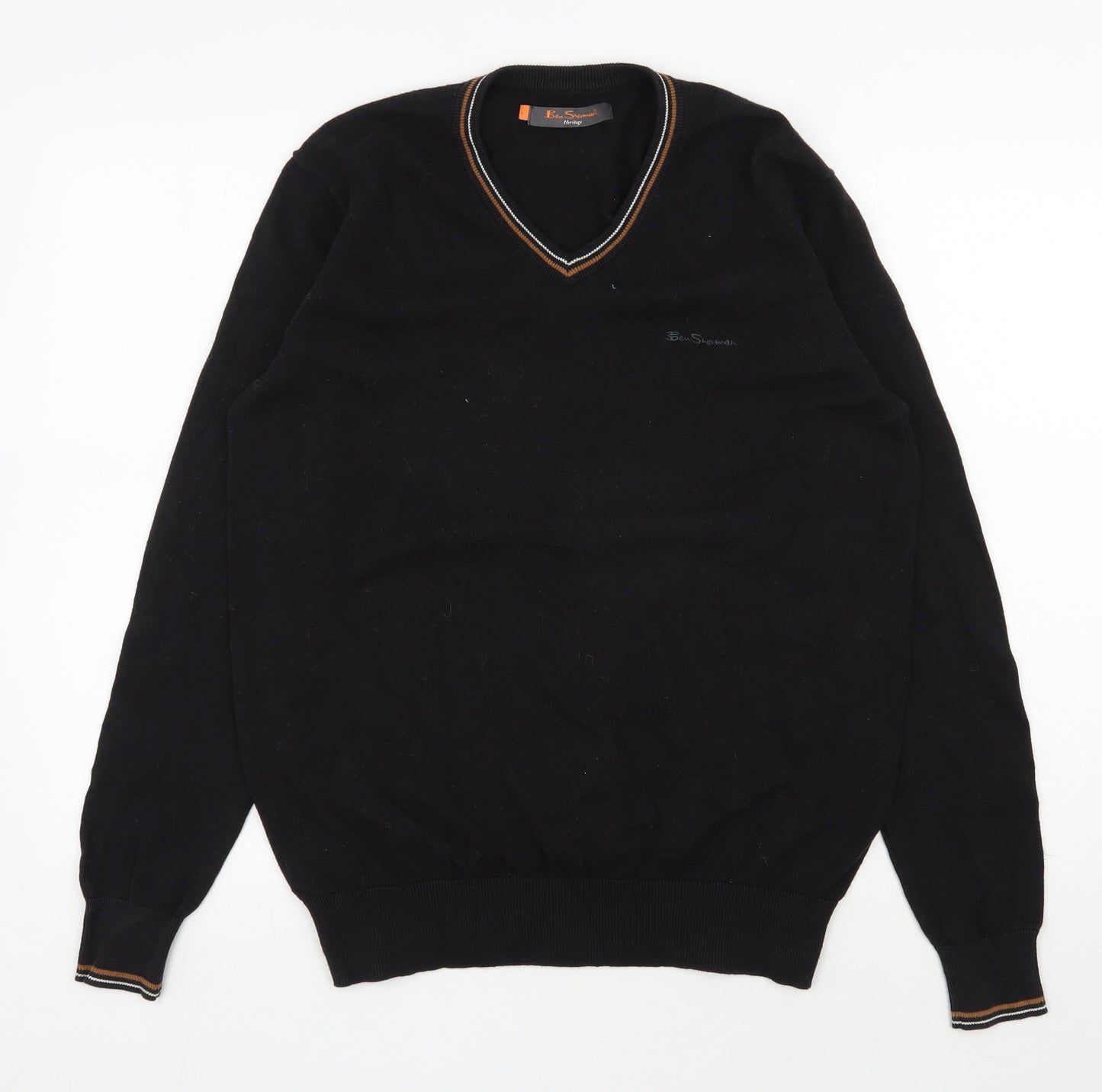 Ben Sherman Mens Black V-Neck  Cotton Pullover Jumper Size L