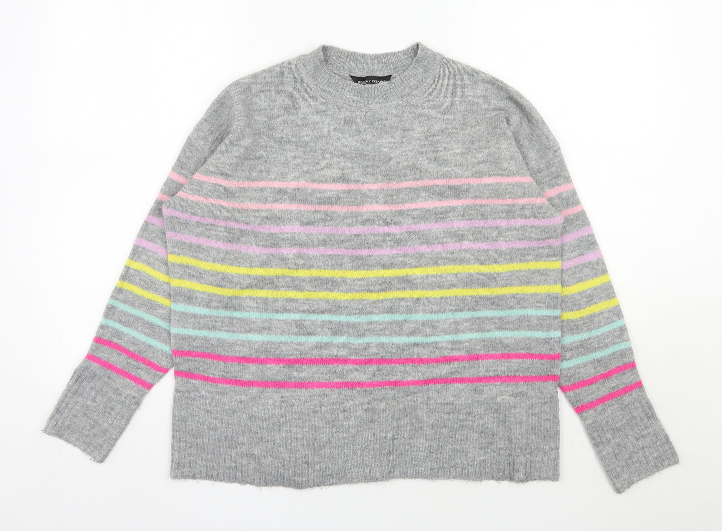 Dorothy Perkins Womens Grey Round Neck Striped Acrylic Pullover Jumper Size 14