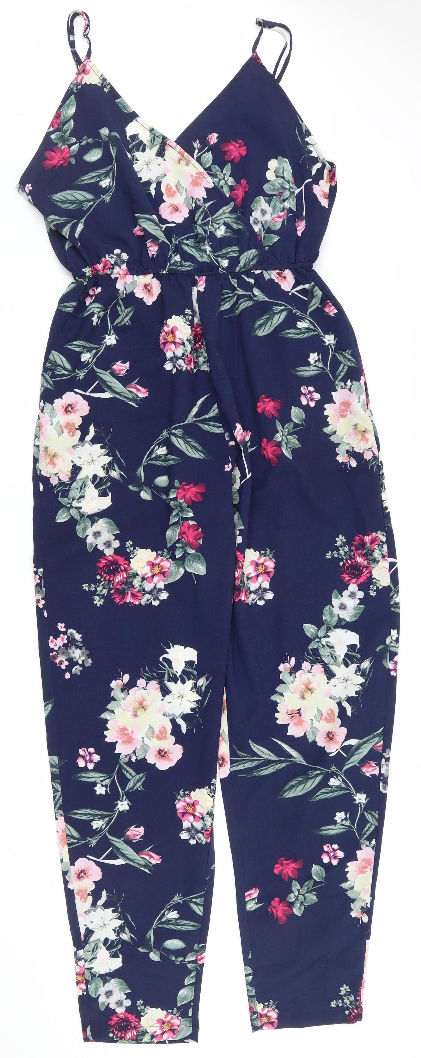PRETTYLITTLETHING Womens Blue Floral 100% Polyester Jumpsuit One-Piece Size 12 L29 in Pullover