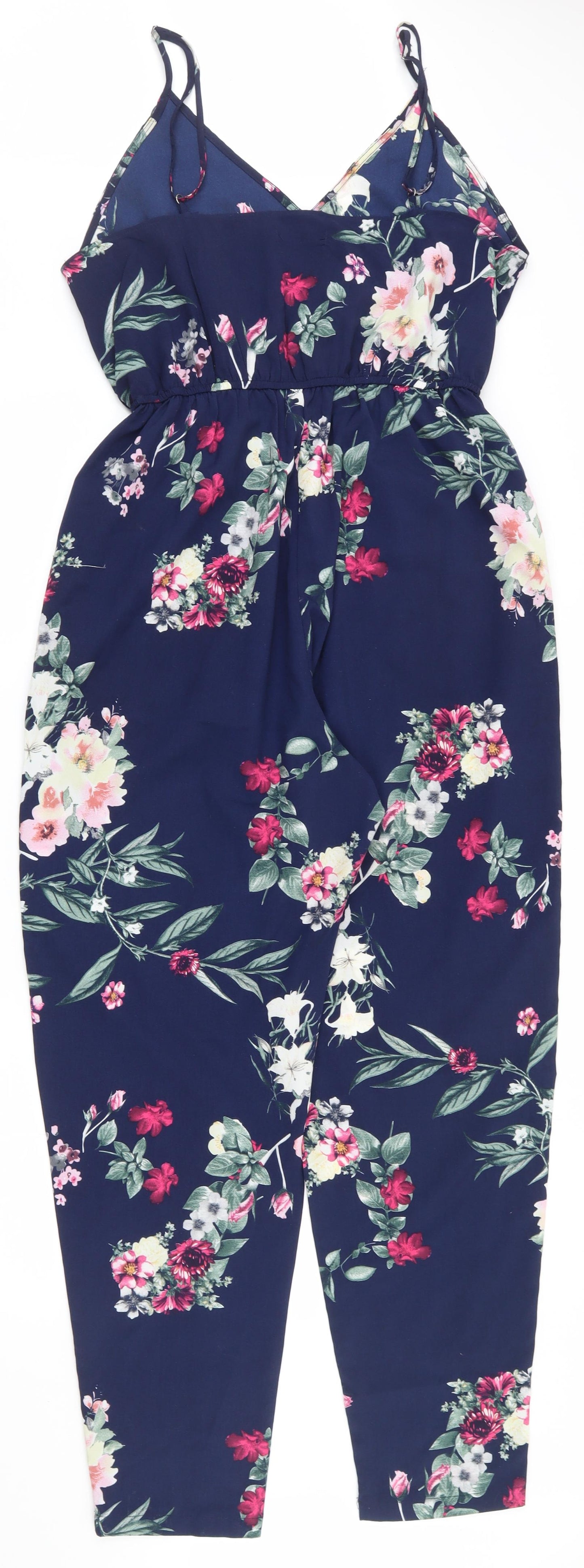 PRETTYLITTLETHING Womens Blue Floral 100% Polyester Jumpsuit One-Piece Size 12 L29 in Pullover