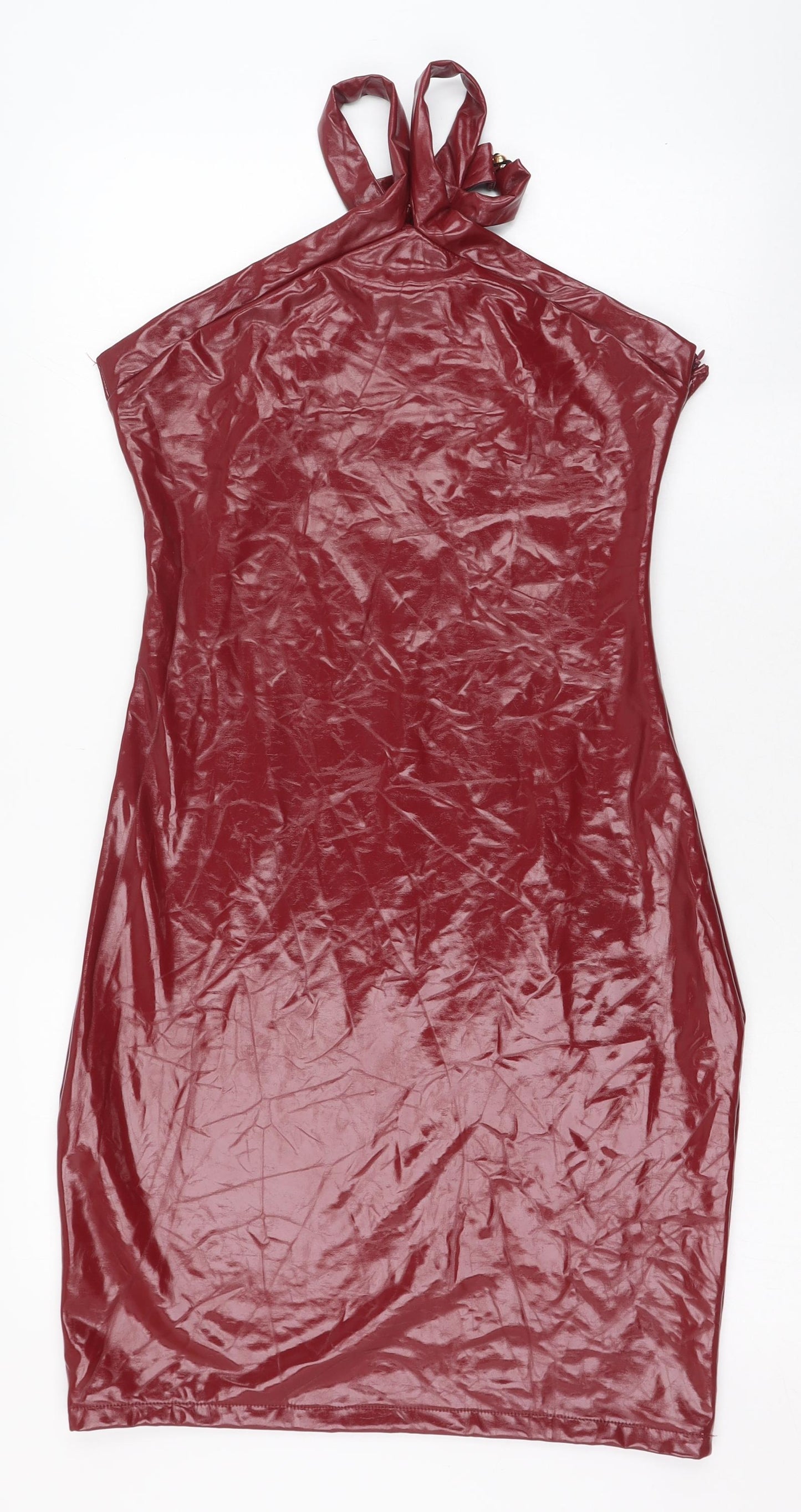Preworn Womens Red  Cotton Pencil Dress  Size L  Halter Zip - PVC