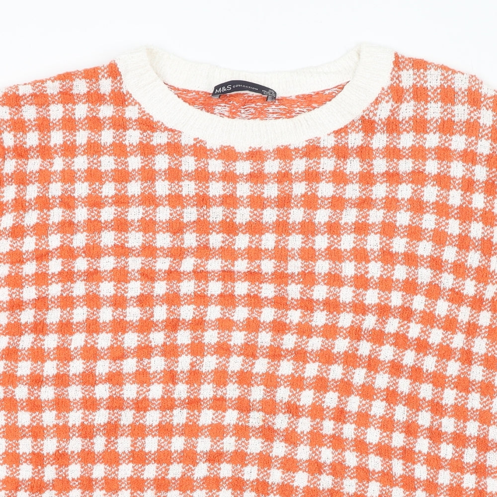 Marks and Spencer Womens Orange Round Neck Check Viscose Pullover Jumper Size 20