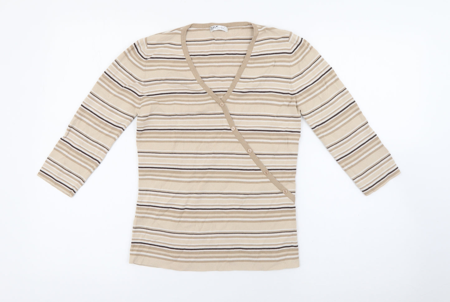 Berkertex Womens Beige V-Neck Striped Viscose Pullover Jumper Size 10