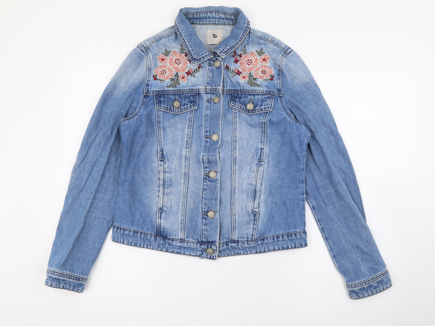 TU Womens Blue   Jacket  Size 10  Button - Floral Embroidery