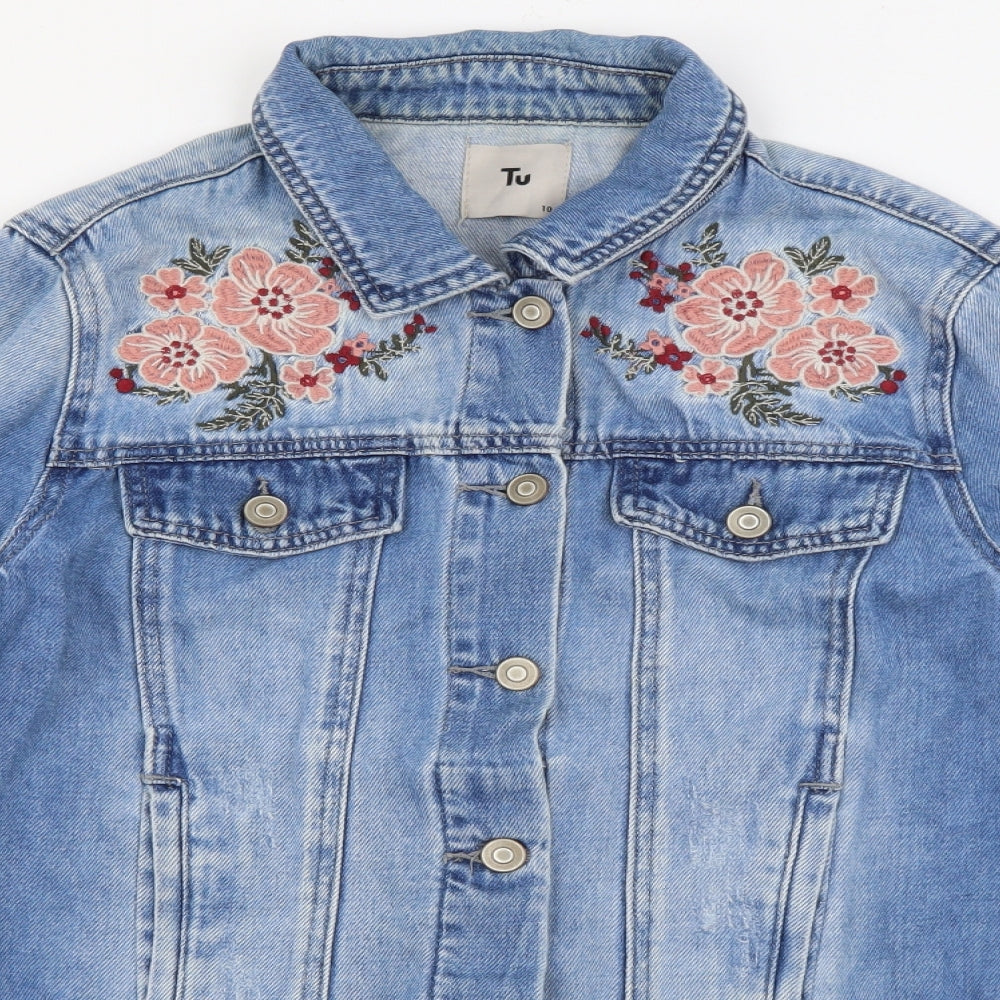 TU Womens Blue   Jacket  Size 10  Button - Floral Embroidery