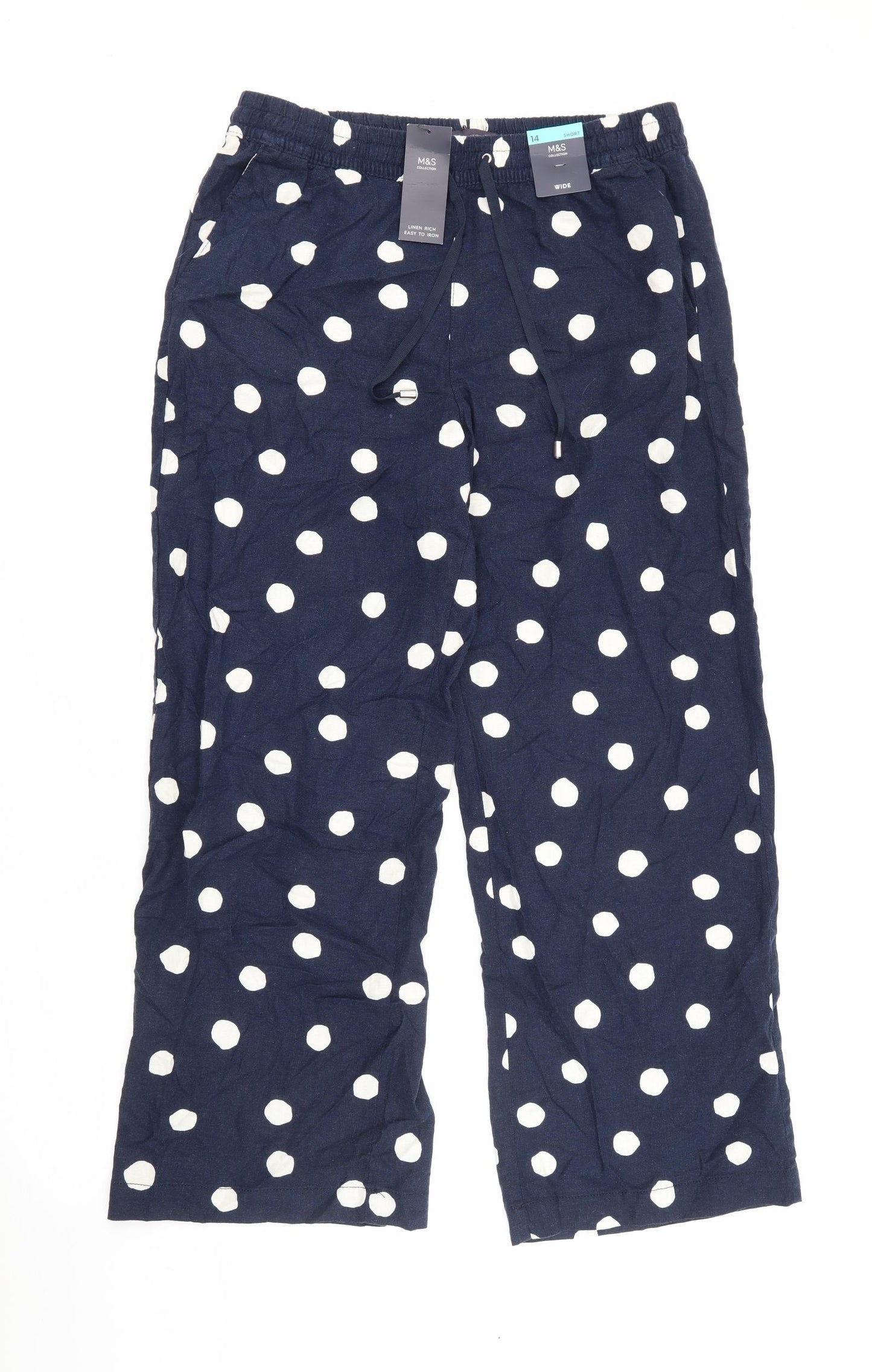 Marks and Spencer Womens Blue Polka Dot Flax Bloomer Trousers Size 14 L28 in Regular Tie