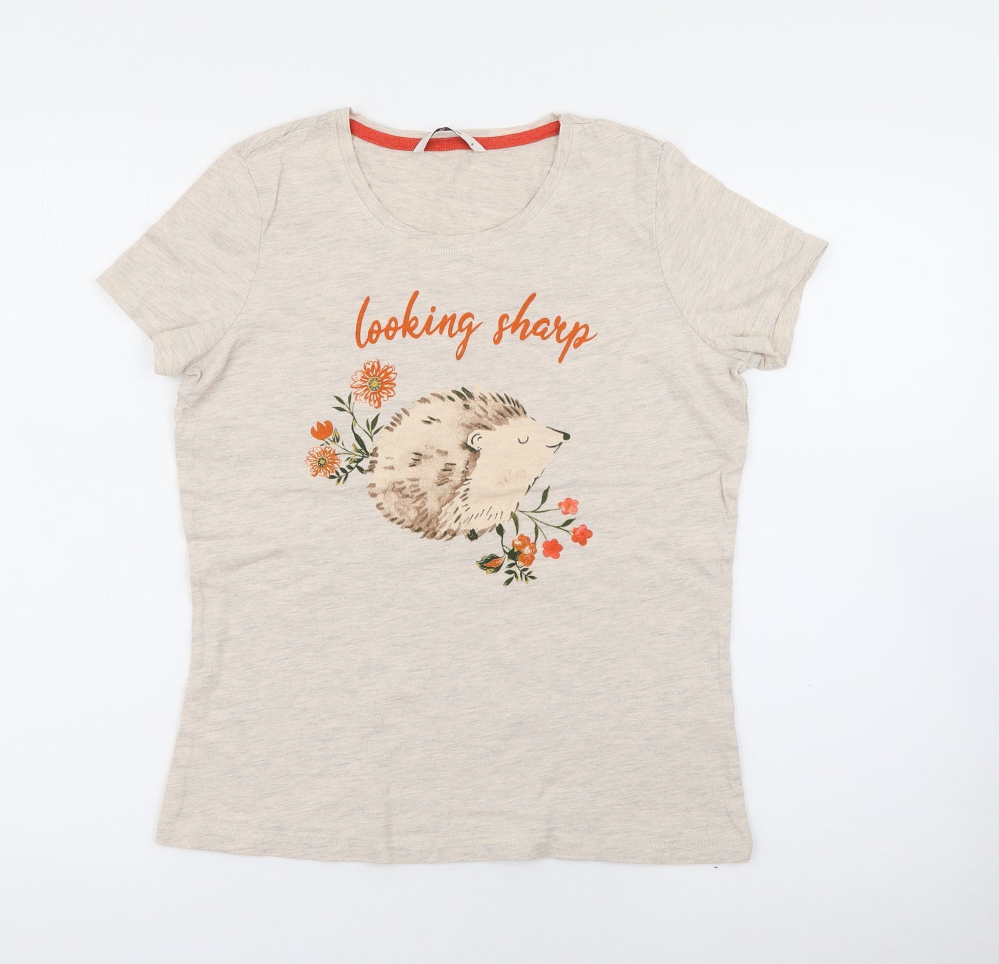 TU Womens Beige  Cotton Basic T-Shirt Size 8 Crew Neck - Hedgehog