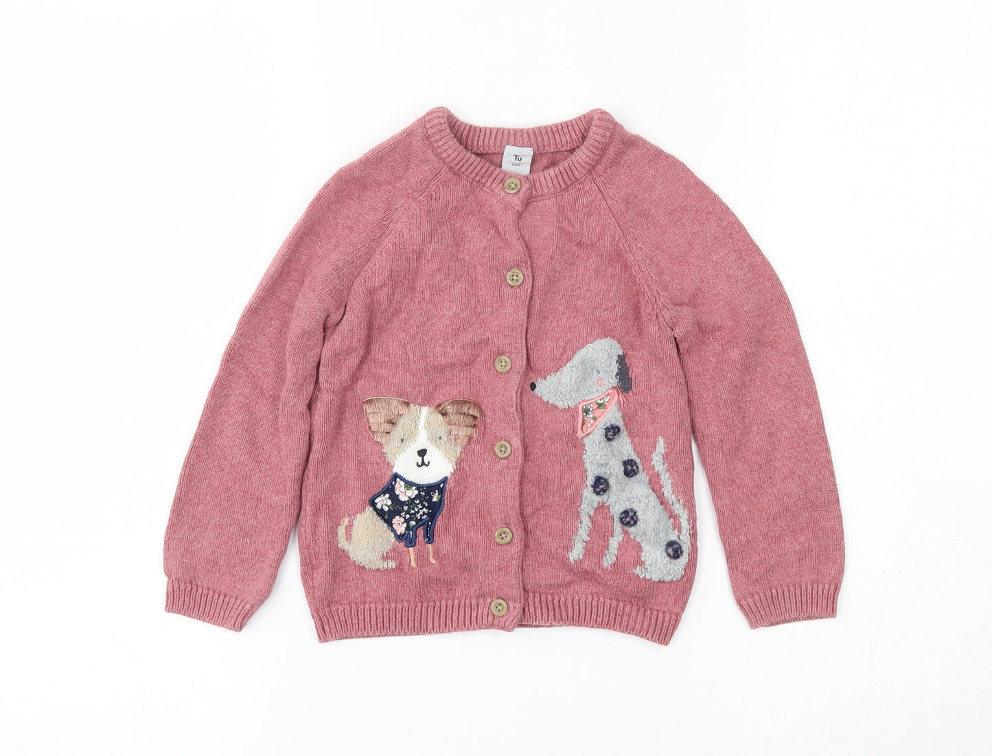 TU Girls Pink Round Neck  Cotton Cardigan Jumper Size 3-4 Years  Button - Dog