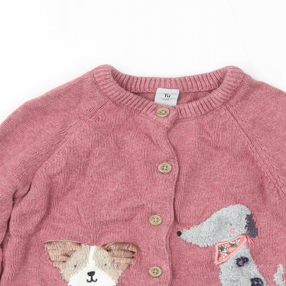 TU Girls Pink Round Neck  Cotton Cardigan Jumper Size 3-4 Years  Button - Dog