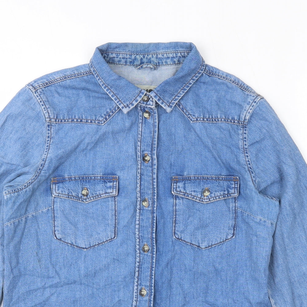 Topshop Womens Blue  Cotton Basic Button-Up Size 10 Collared