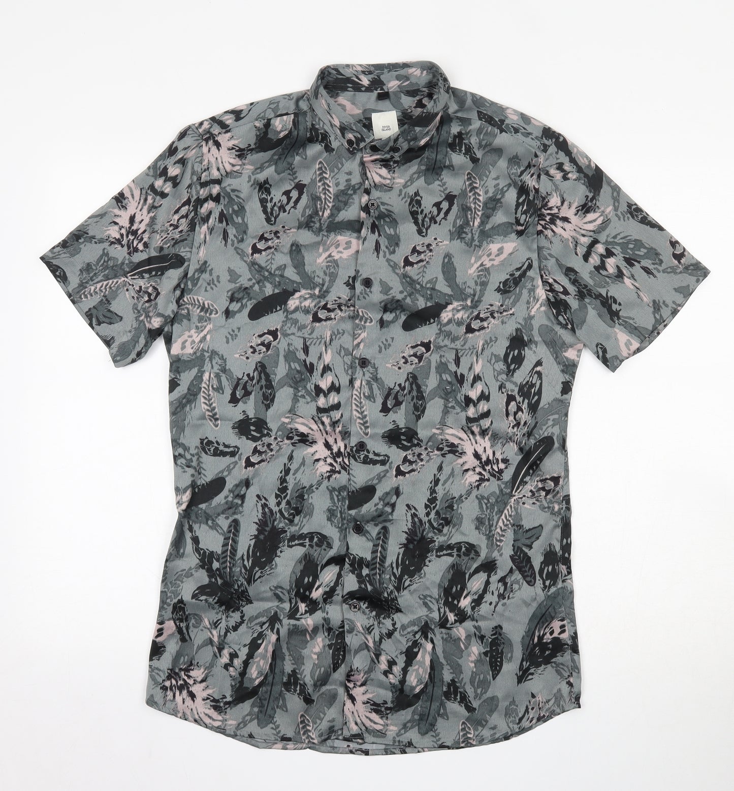 River Island Mens Green Geometric Polyester  Button-Up Size S Collared Button