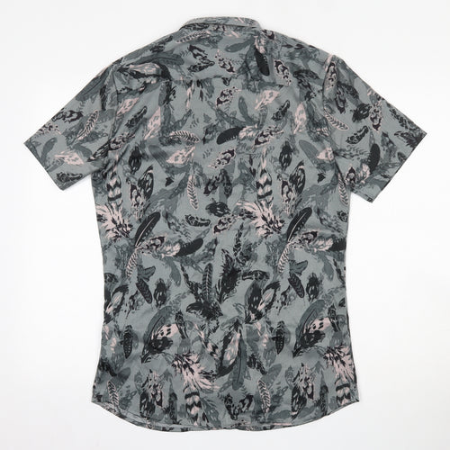 River Island Mens Green Geometric Polyester  Button-Up Size S Collared Button