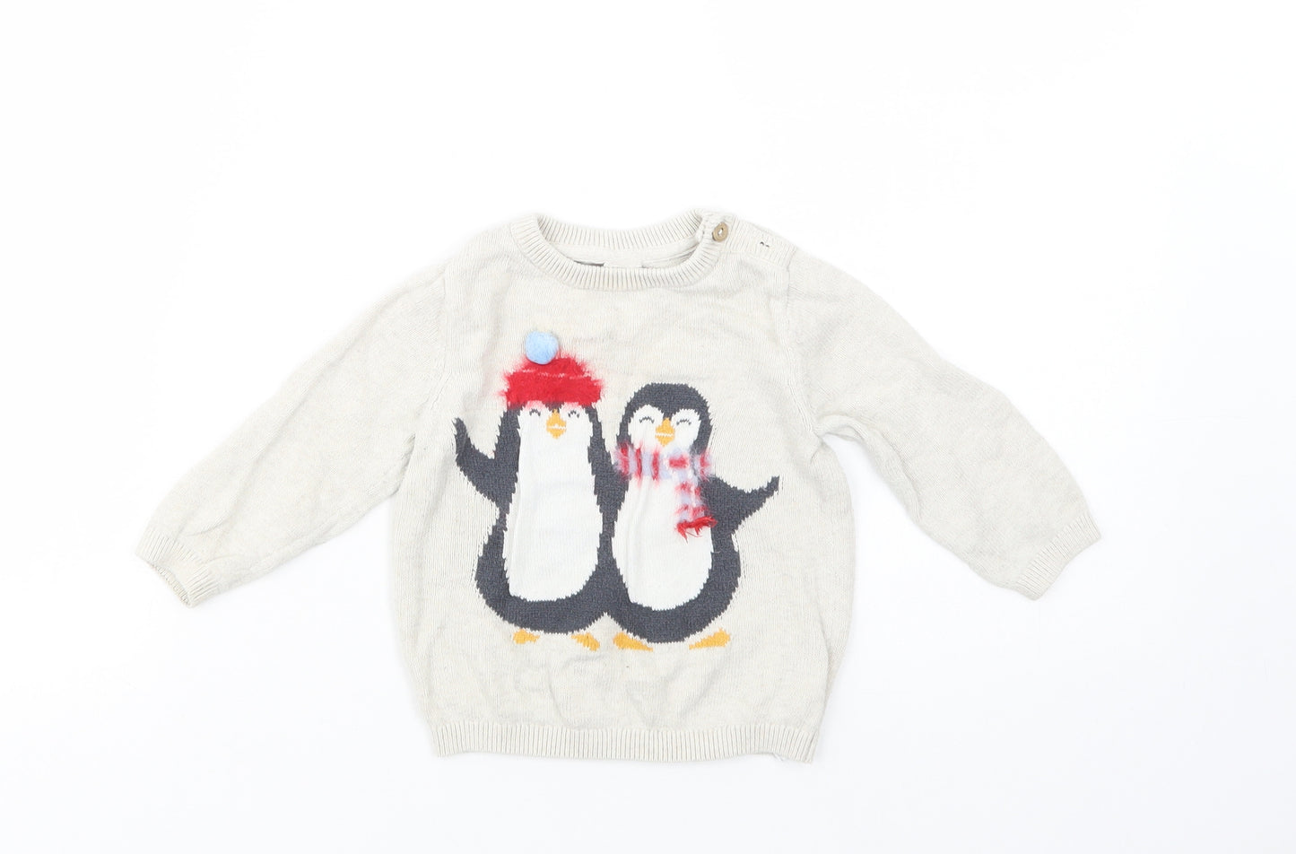 H&M Baby Beige  Cotton Pullover Jumper Size 6-9 Months  Button - Penguins